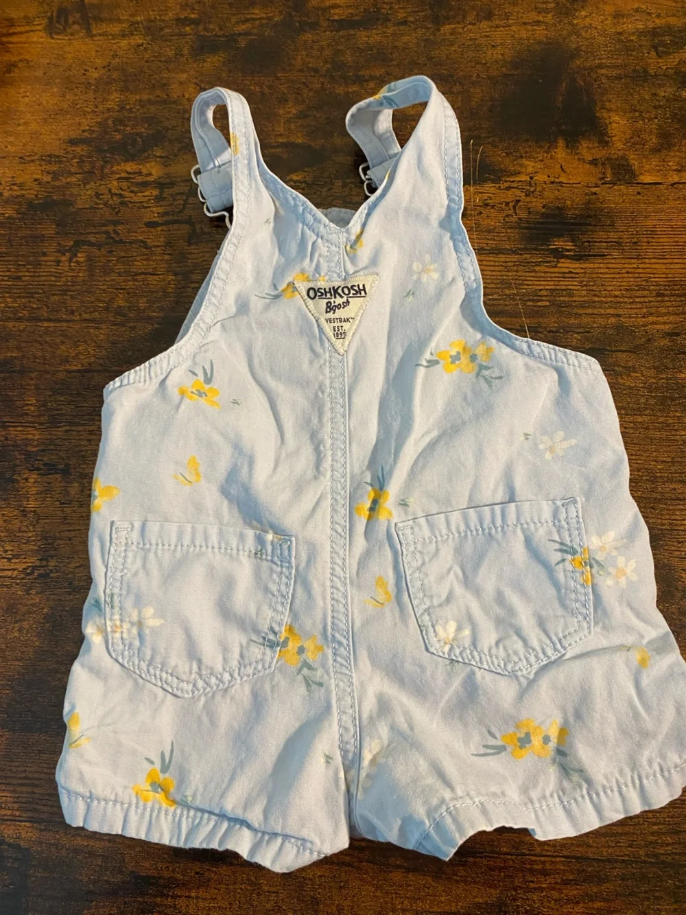 OshKosh B'gosh Light Blue Floral Short Overalls with Yellow Accents